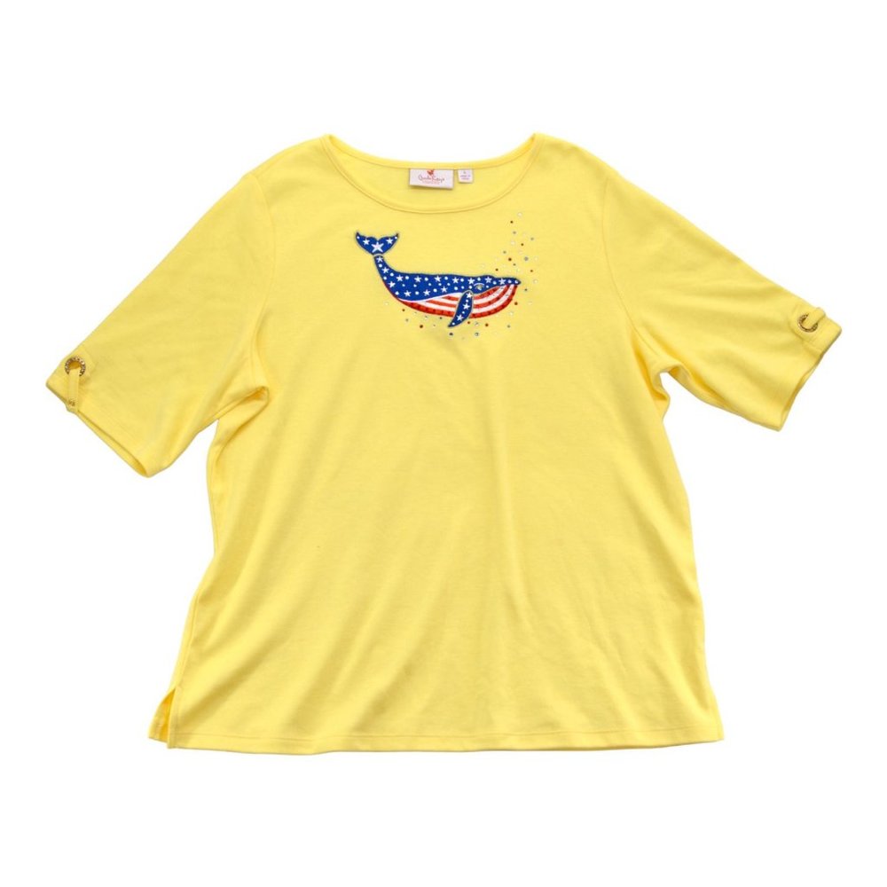 Quccker Factory Women's Yellow Whale Embroidered Short Sleeve Top‎ Sz L